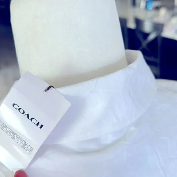 NWT Coach Wrinkled Button Down Dress White Short Sleeve Cotton Tie Pockets Mini - Picture 9 of 13